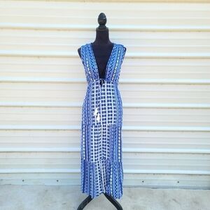 NWT Spiaggia Dolce Blue White Swim Beach Coverup Dress tassel boho Maxi sz XS